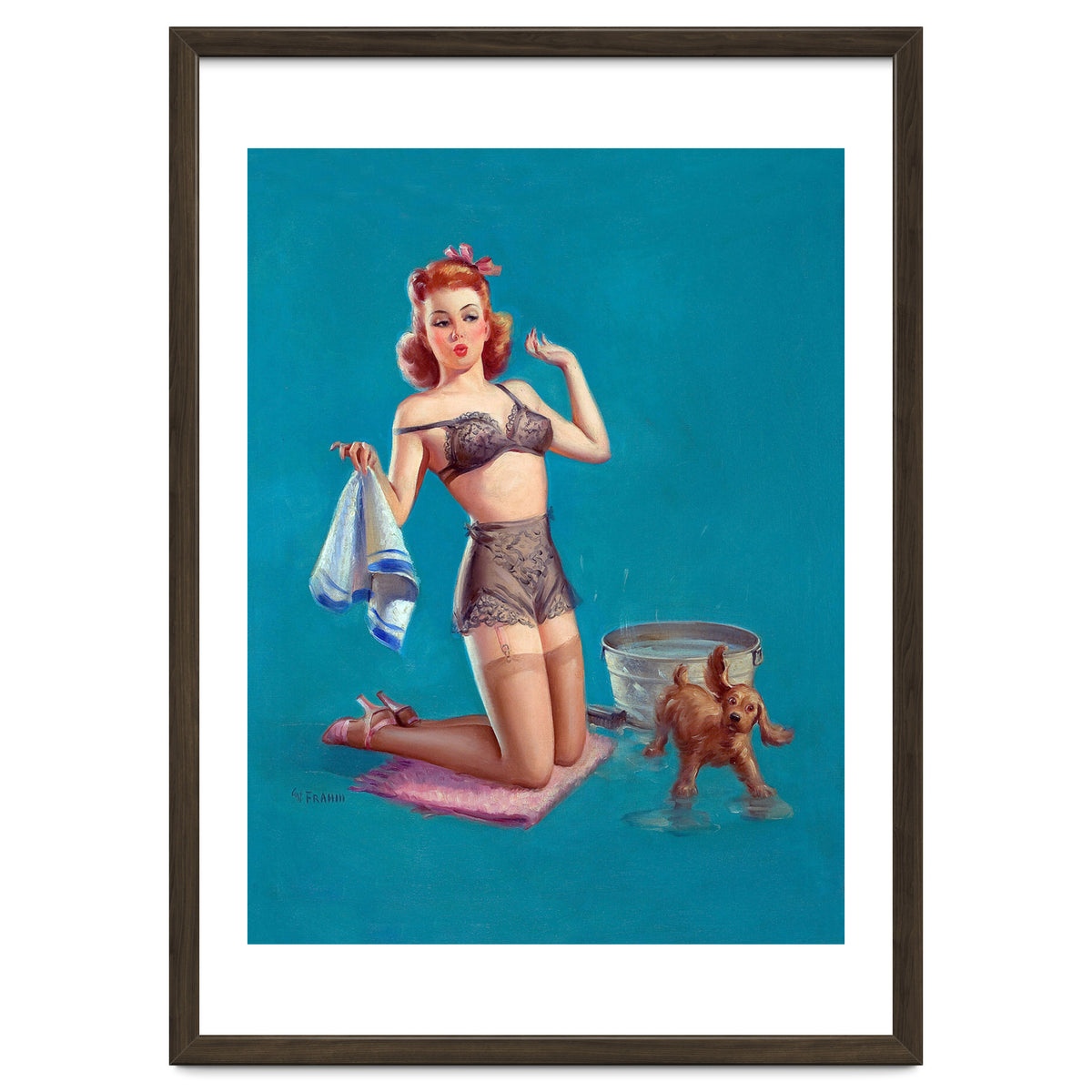 Pinup Girl Bathing A Dog