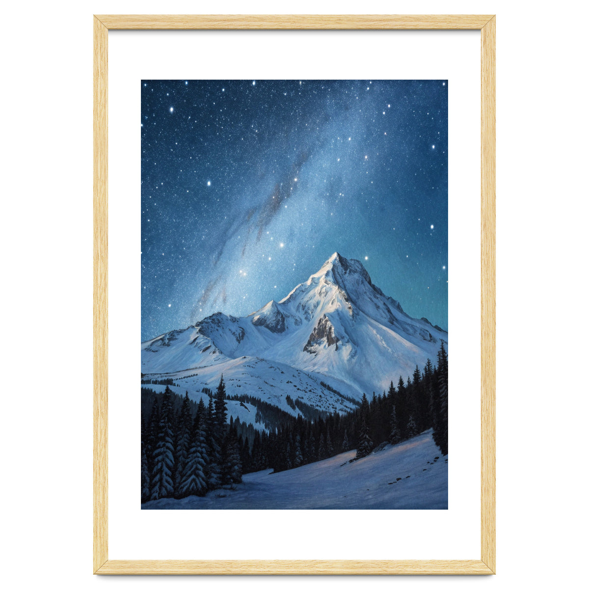 Majestic Snow-Capped Mountain Peak Under a Brilliant Starry Night Sky