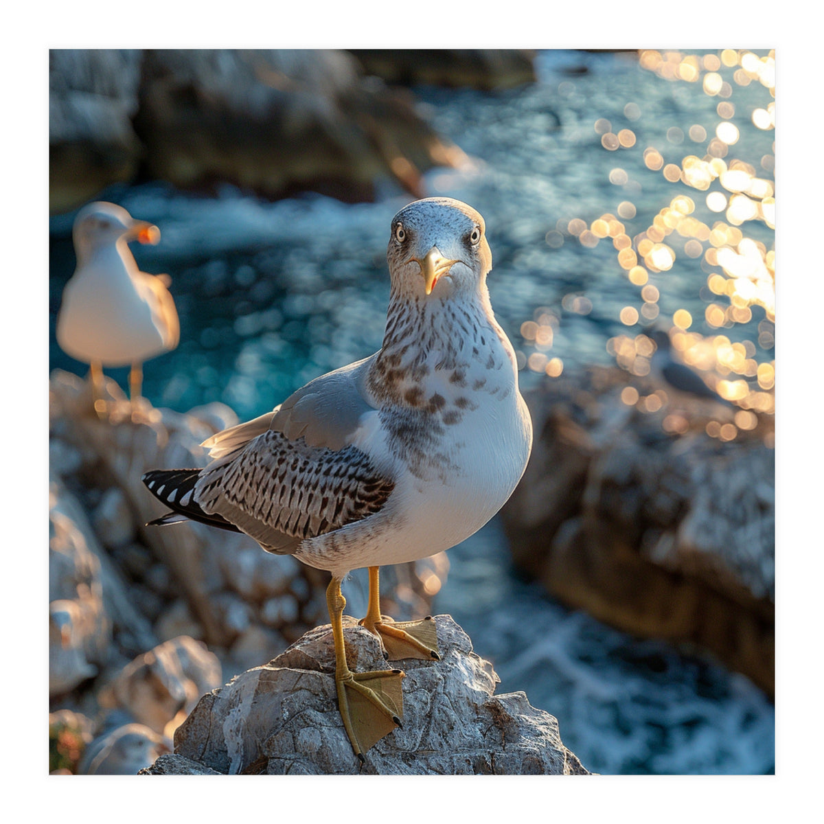 Seagull Standing On Rocks Near Water (Print Only)