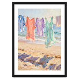 Laundry Drying by the Sea, Colorful Clothes on a Beach Clothesline, Coastal Summer Pastel Painting, Relaxing Ocean Shore Art Print thumbnail