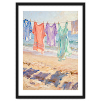 Laundry Drying by the Sea, Colorful Clothes on a Beach Clothesline, Coastal Summer Pastel Painting, Relaxing Ocean Shore Art Print