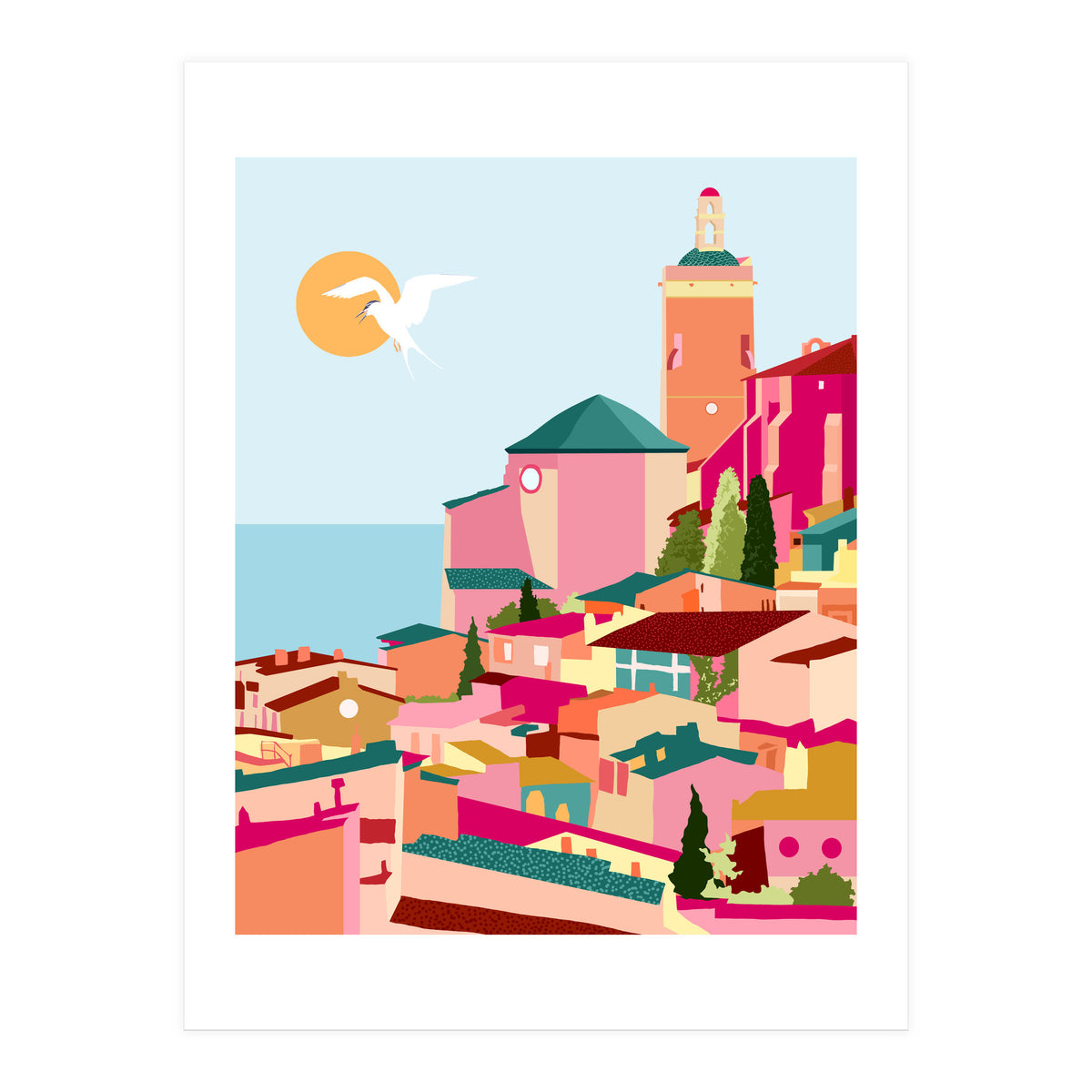 Crimson Rouge, Colorful Architecture Buildings, Greece Cityscape Skyline, Seagull Travel Summer Eclectic Bohemian Pop Of Color Positivity (Print Only)