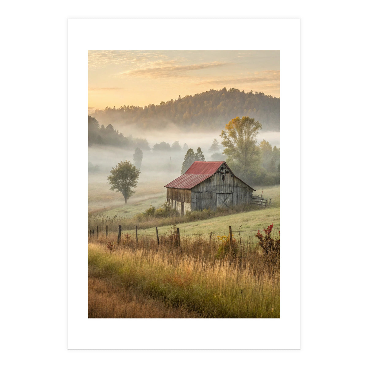 Rustic Red Roof Barn in Misty Morning Valley Landscape (Print Only)