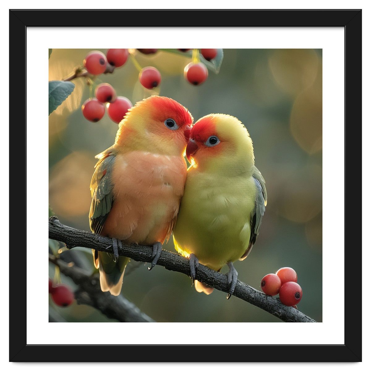 Two Lovebirds Sitting On A Branch