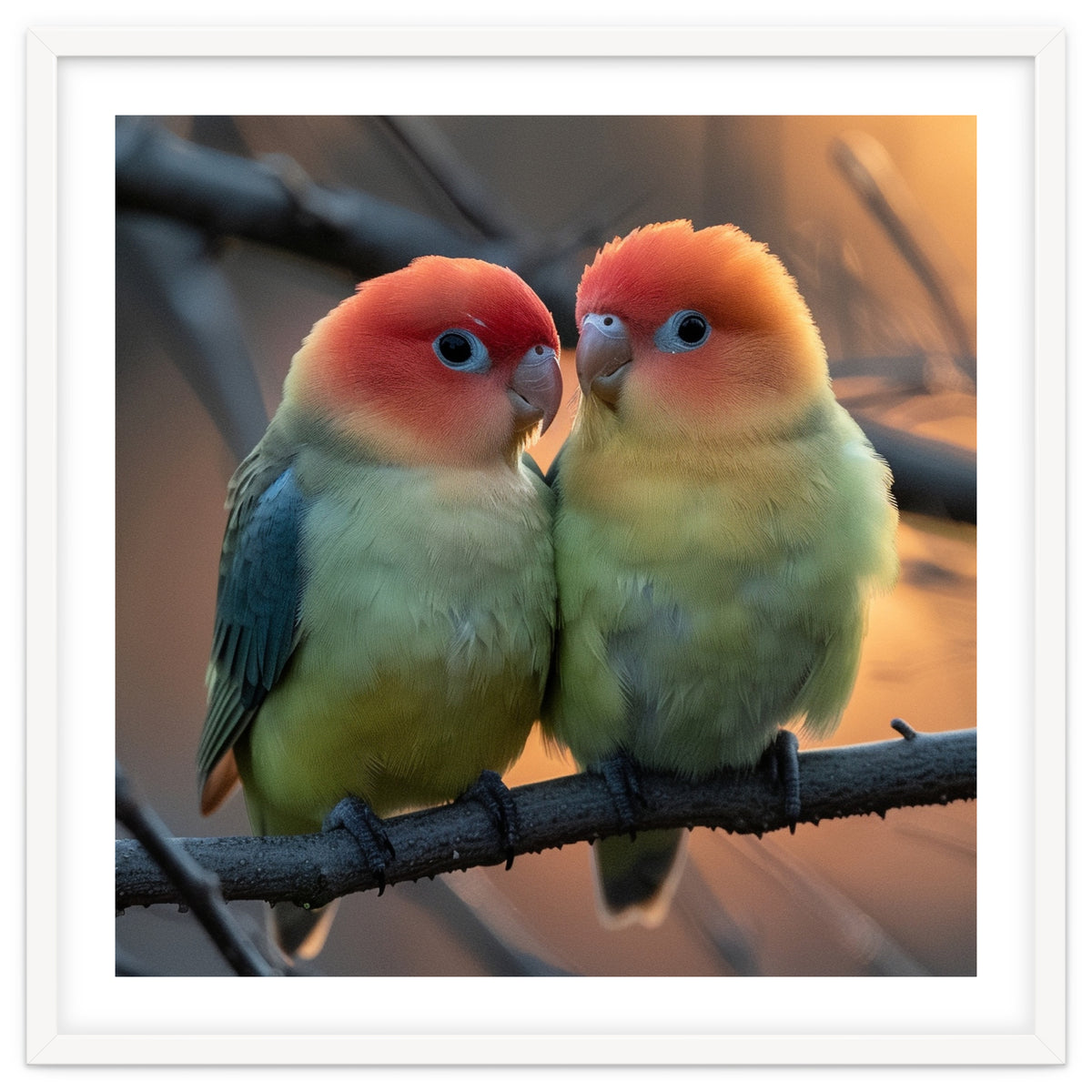 Two Lovebirds Perched On A Branch At Sunset