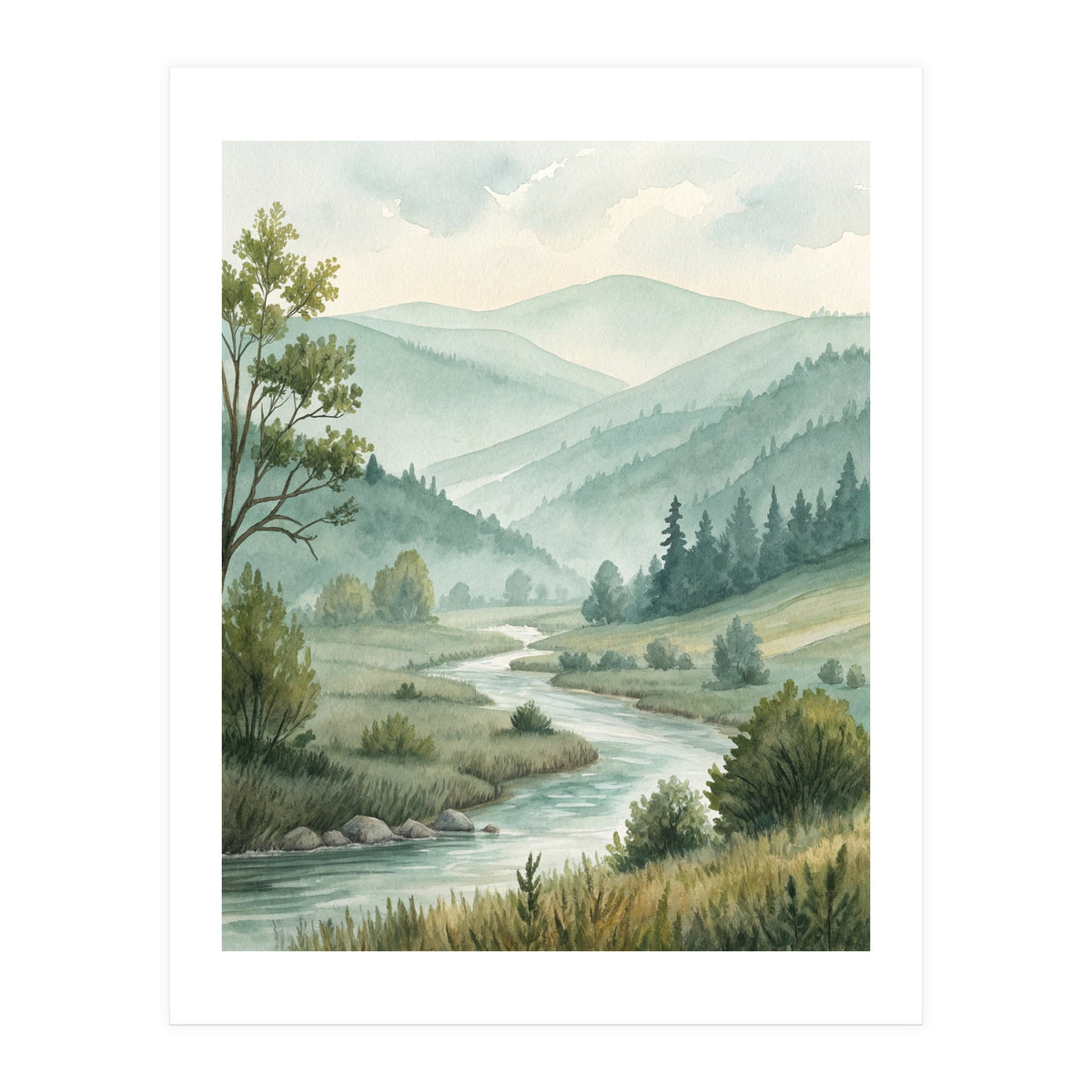 Serene River Valley in Soft Watercolor (Print Only)