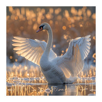 Swan Spreading Wings In Water Sunlight (Print Only)