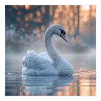 Serene White Swan Gliding On Misty Water (Print Only)