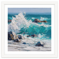 Dynamic Crashing Turquoise Ocean Wave Against Rugged Coastal Rocks