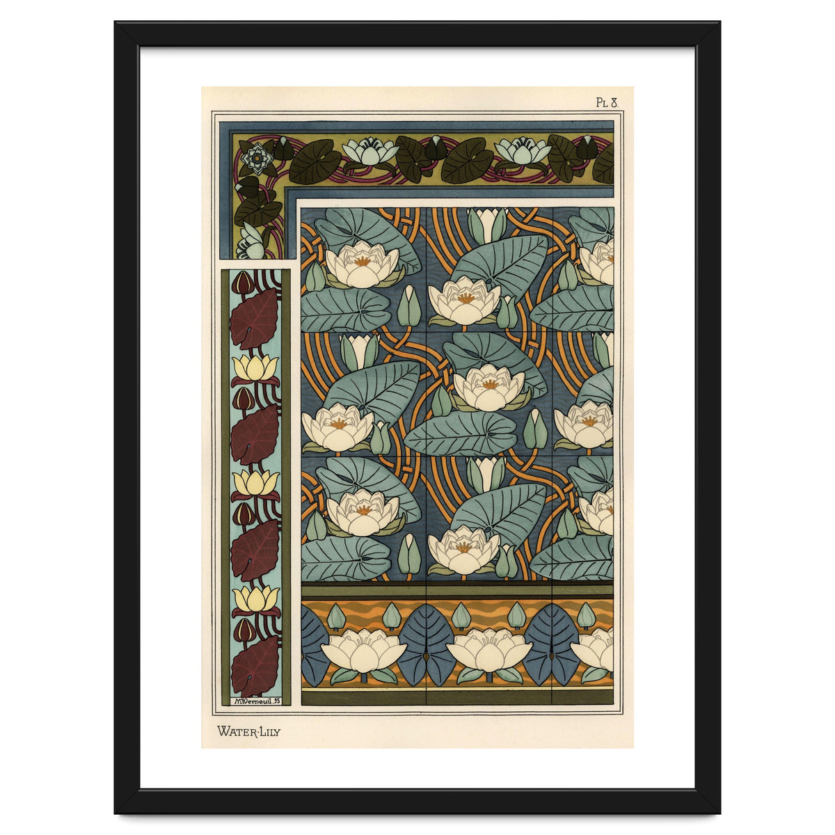 The water lily, Nelumbo lutea, in wallpaper and tile patterns. Lithograph by Verneuil.