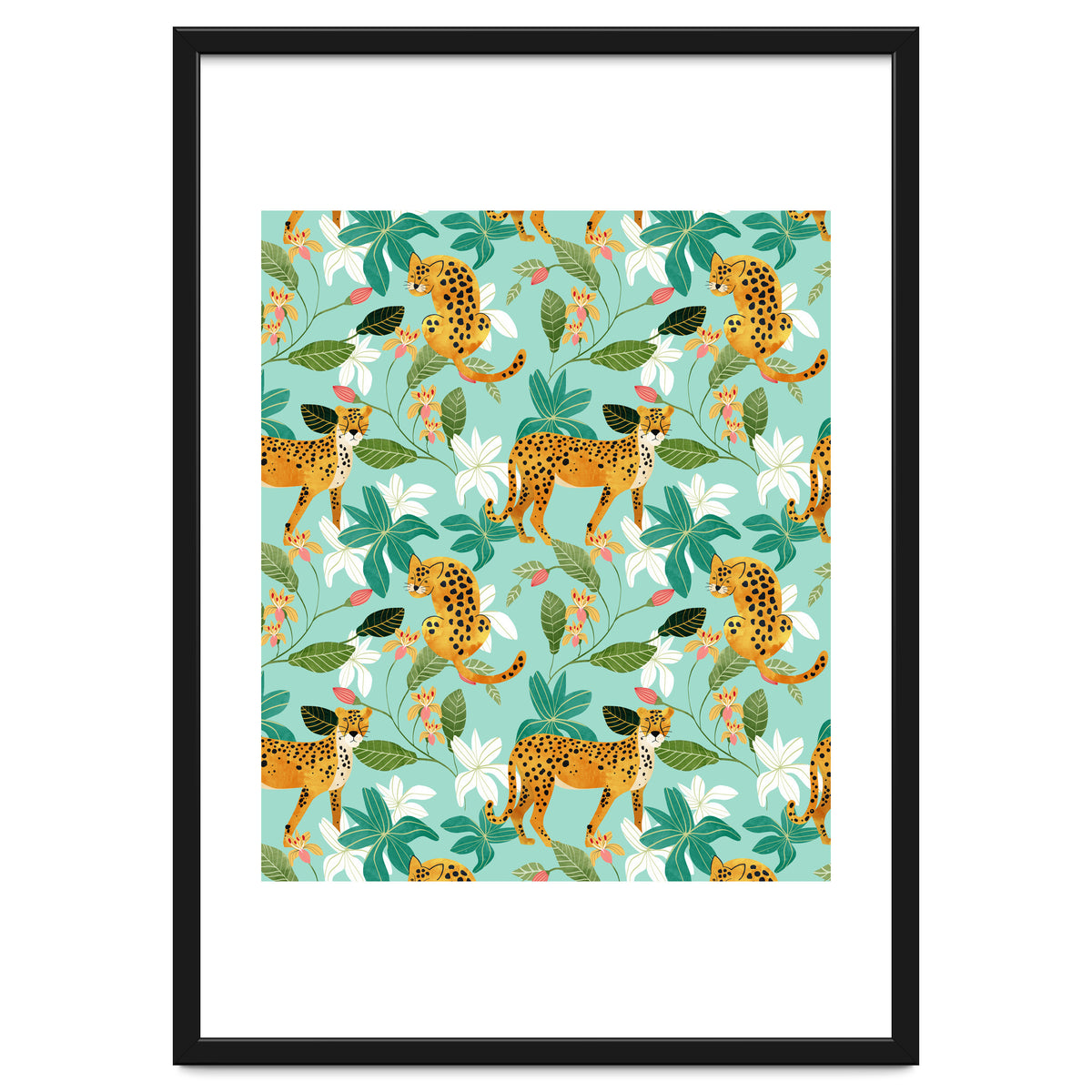 Cheetah Jungle, Wildlife Nature Wild Cats Tigers Leopard Botanical Animals Mint Quirky Illustration