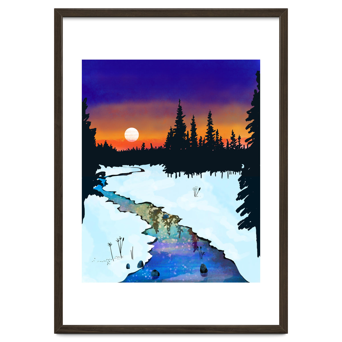 Purple Midnight, Snow River Full Moon Nature Landscape Painting, Winter Travel Adventure Places