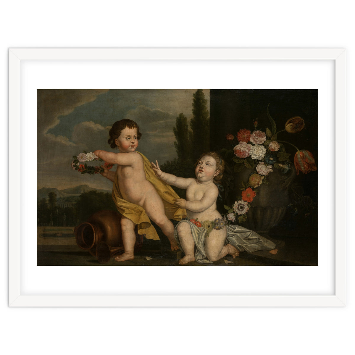 German Master (18th Century) – Two Putti with Garlands of Flowers