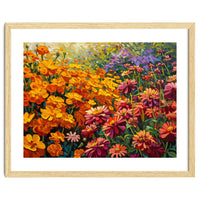 Radiant Summer Zinnia and Marigold Meadow Oil Painting
