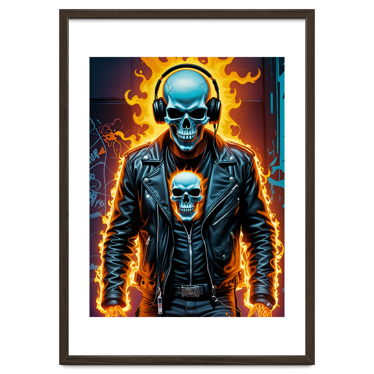 Fiery Skeleton Biker In Headphones