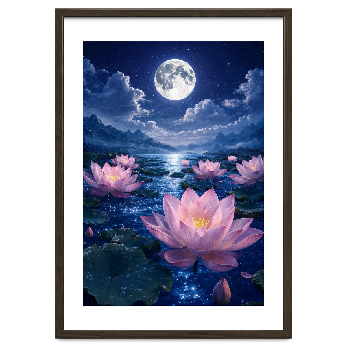 Moonlit Lotus Pond: Serene Nighttime Floral Landscape