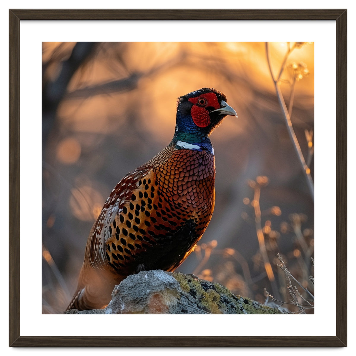 Pheasant Bird Standing On Rock Sunrise Light