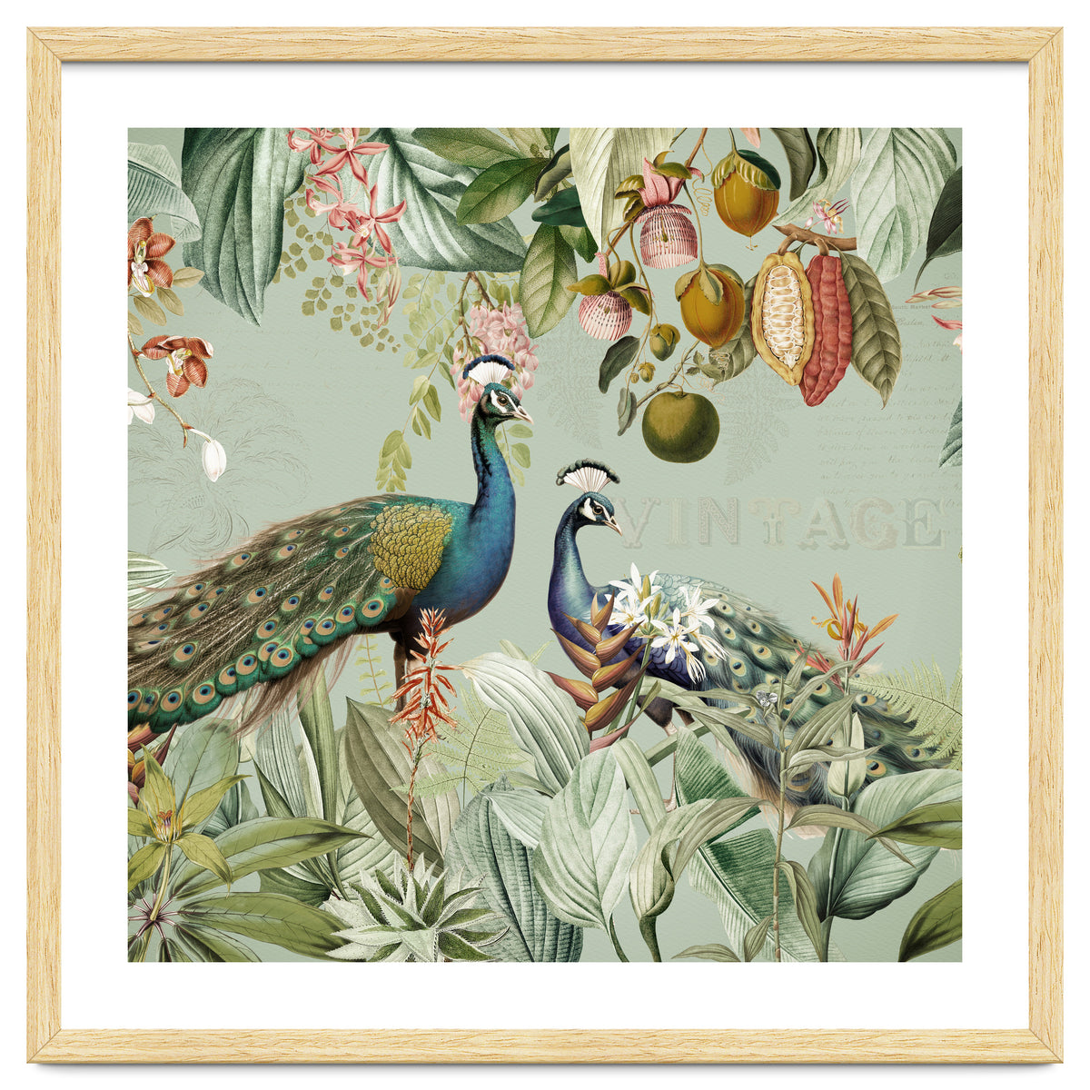 Vintage Exotic Asian Peacocks In Tropical Jungle Landscape