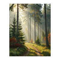 The Golden Path: Ethereal Sunbeams Piercing Through a Misty Evergreen Forest at Dawn (Print Only)