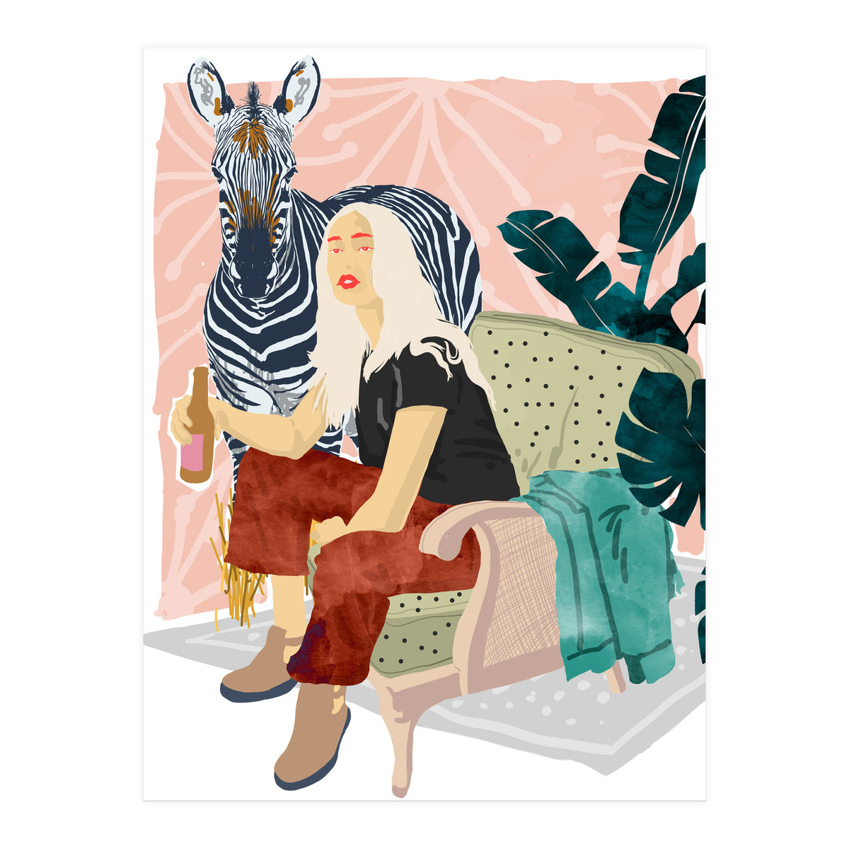 Zebra Hangout | Wildlife Urban Jungle Décor | Banana Leaves Monstera Plant Lady Fashion  (Print Only)