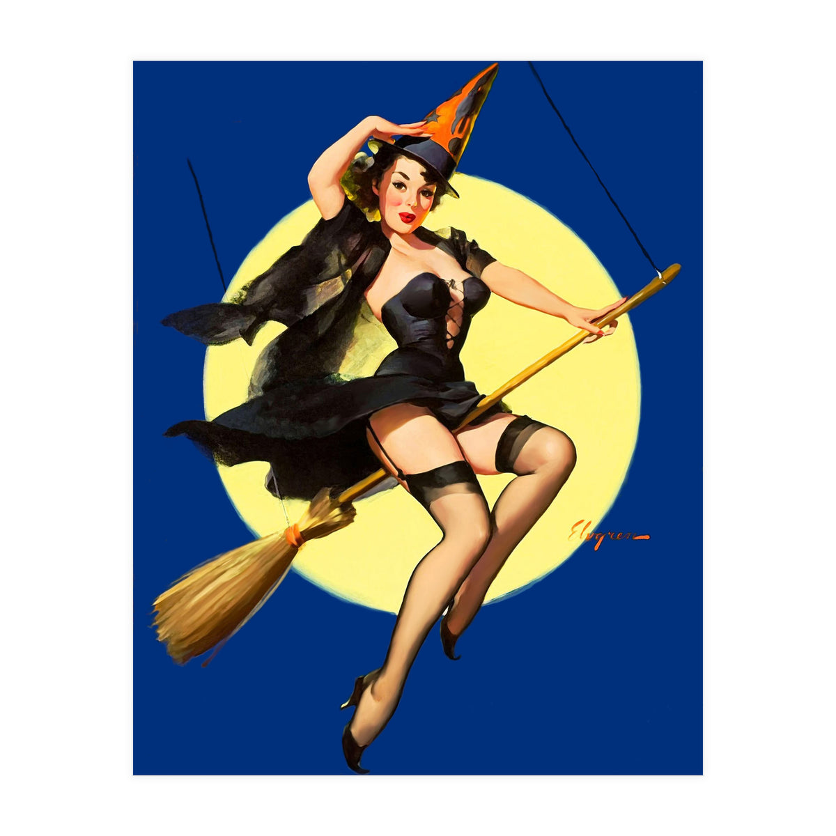 Pinup Sexy Witch Posing On A Broom (Print Only)