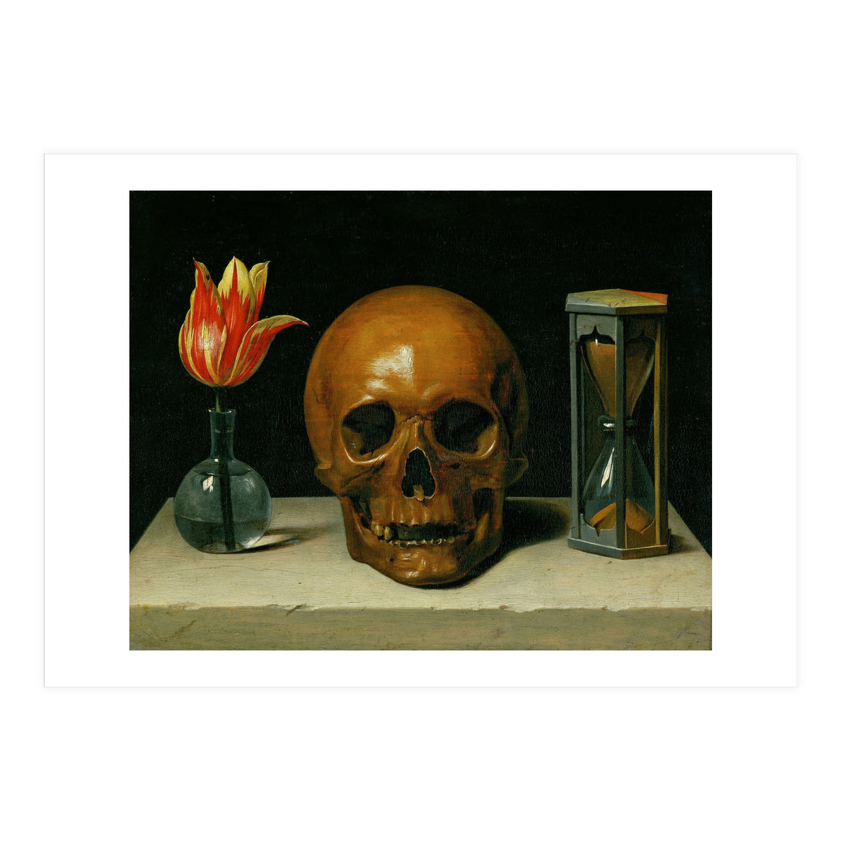 Vanitas, allegory of fleeting time with skull and hour-glass. Oil on canvas. (Print Only)