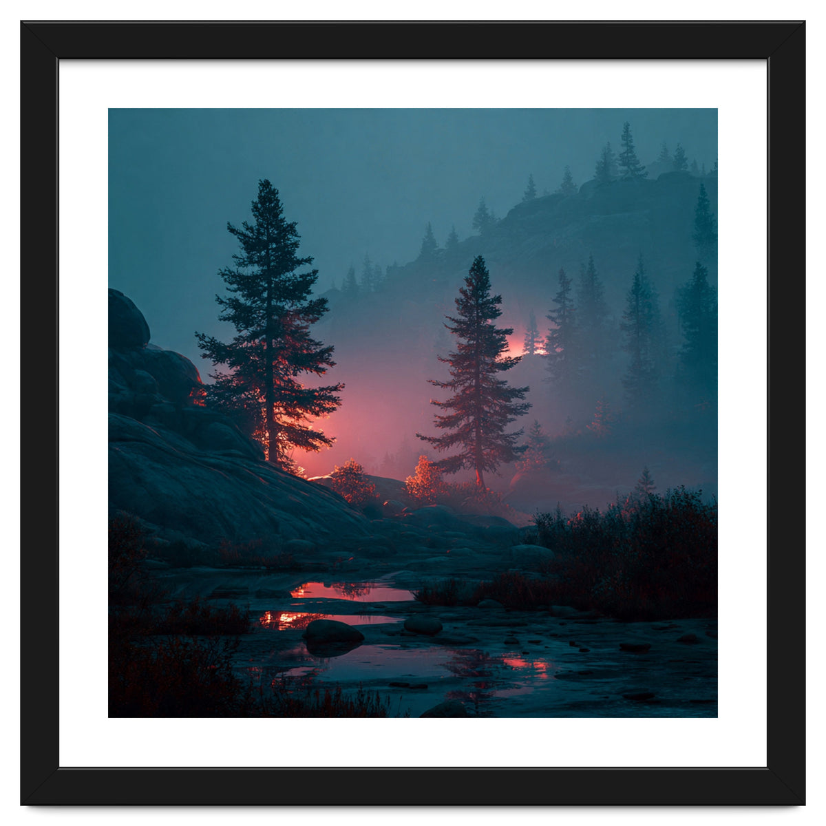 Atmospheric Twilight Pine Forest with Glowing Crimson Light