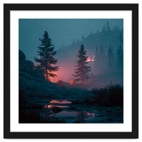 Atmospheric Twilight Pine Forest with Glowing Crimson Light