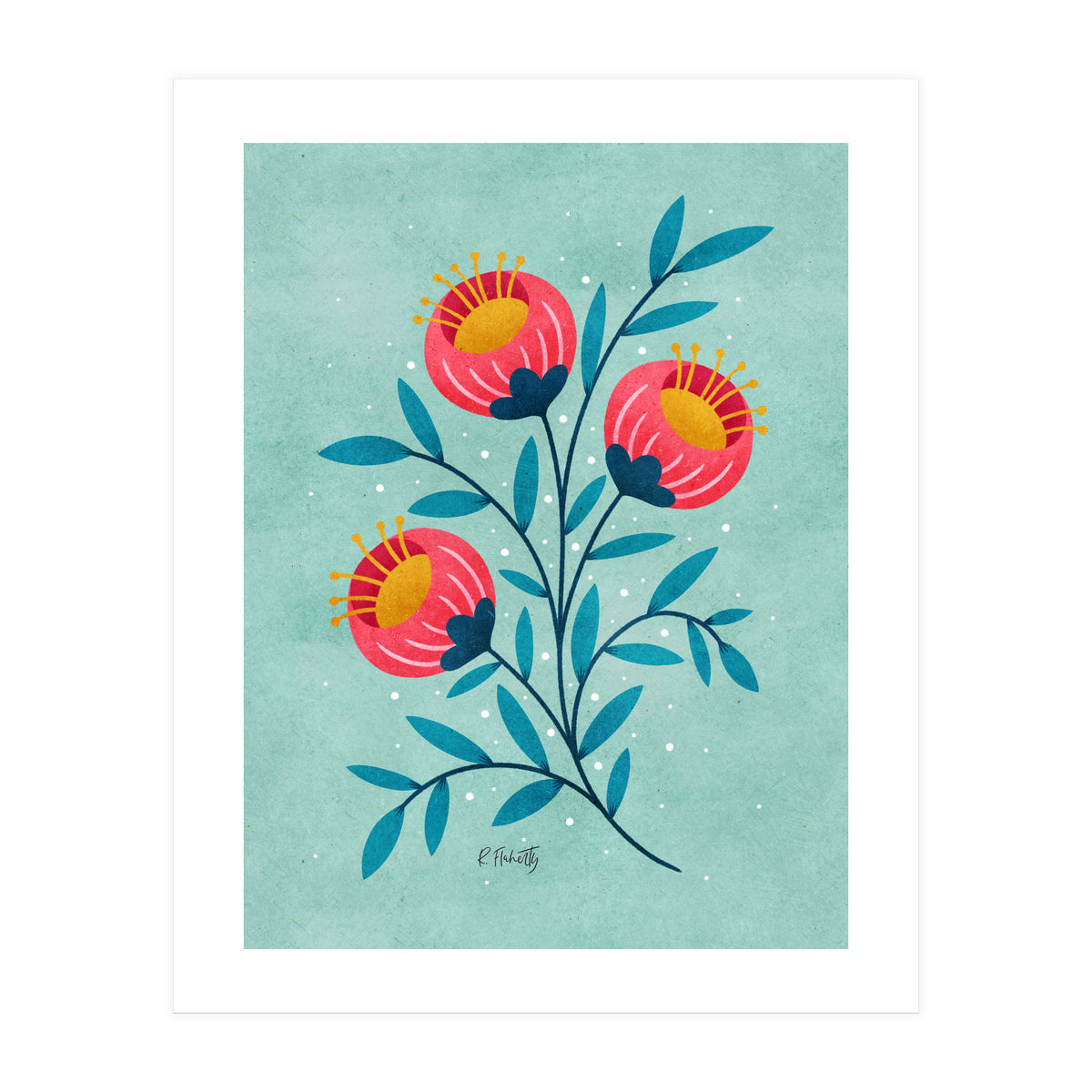 Teal And Coral Flowers (Print Only)