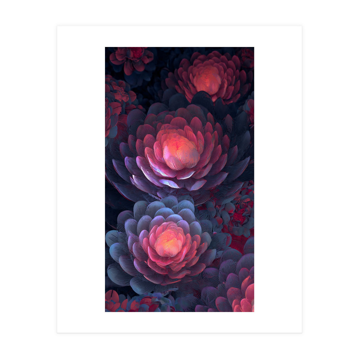 Ethereal Neon Blooms: Intricate 3D Floral Fractal Art (Print Only)