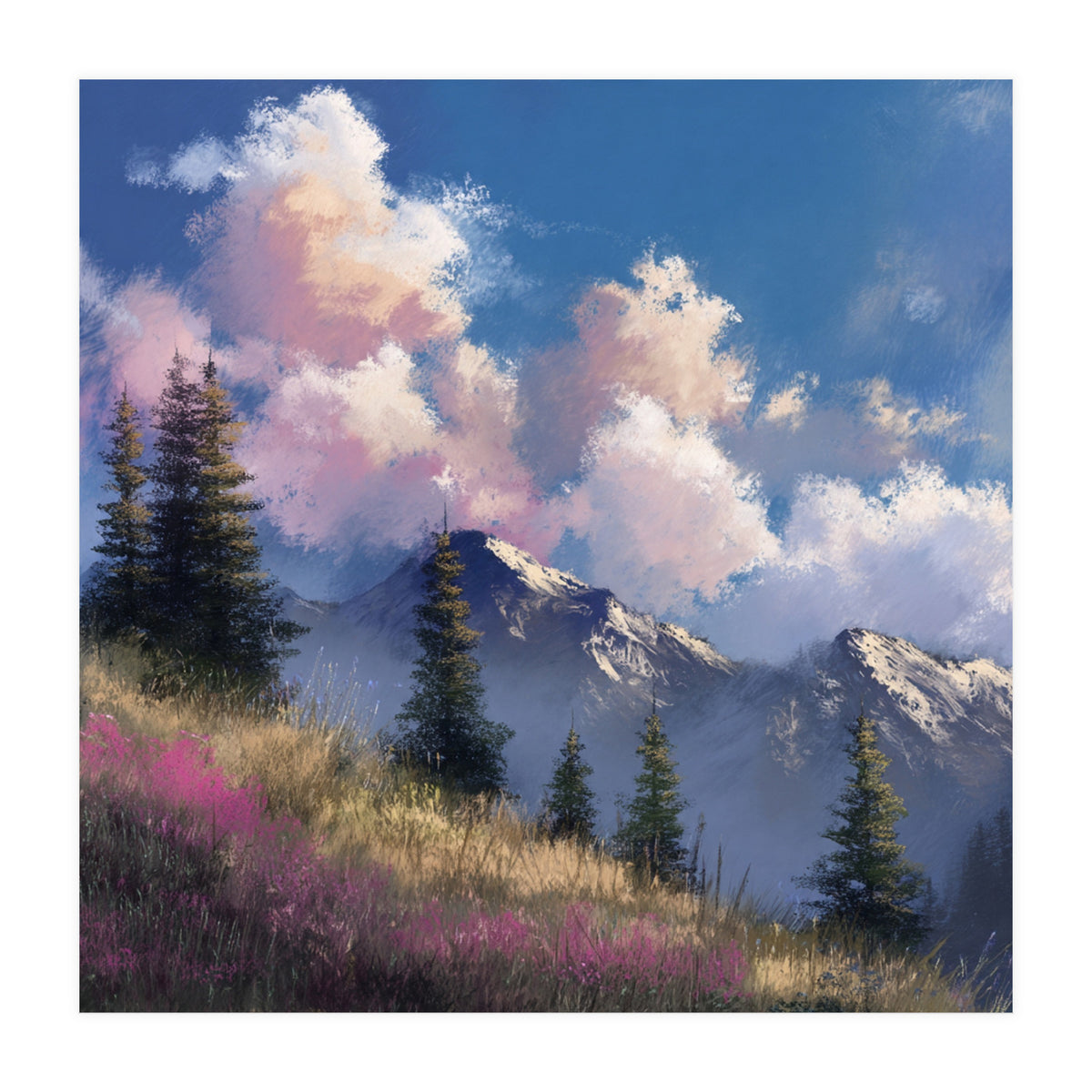 Alpine Summer Meadow with Vibrant Wildflowers and Snow (Print Only)