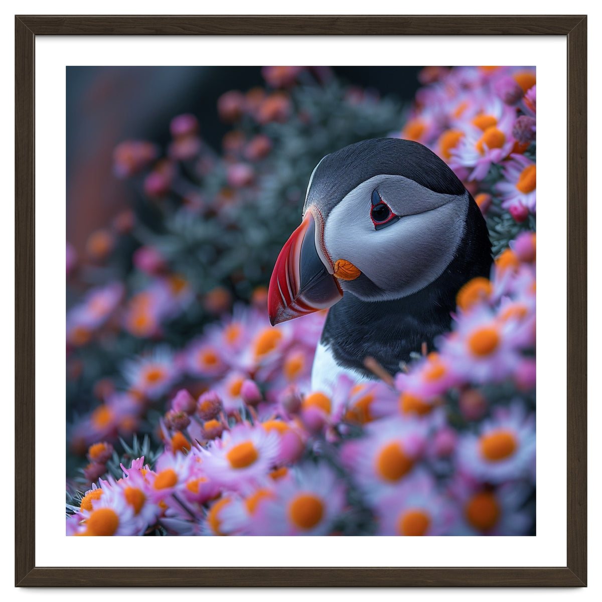 Puffin Bird Among Pink Flowers