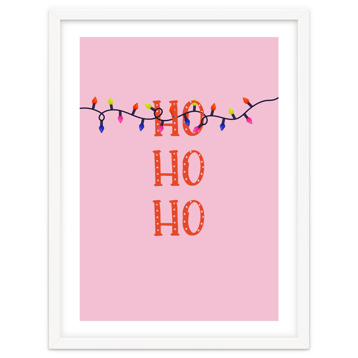 HO HO HO Christmas Lights Art, Pink Holiday Illustration, Modern Festive Quote