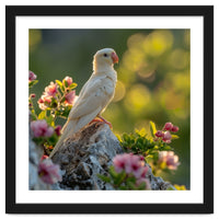Albino Parrot Perched On A Rock Amongst Flowers