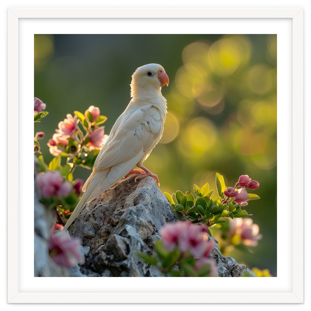 Albino Parrot Perched On A Rock Amongst Flowers