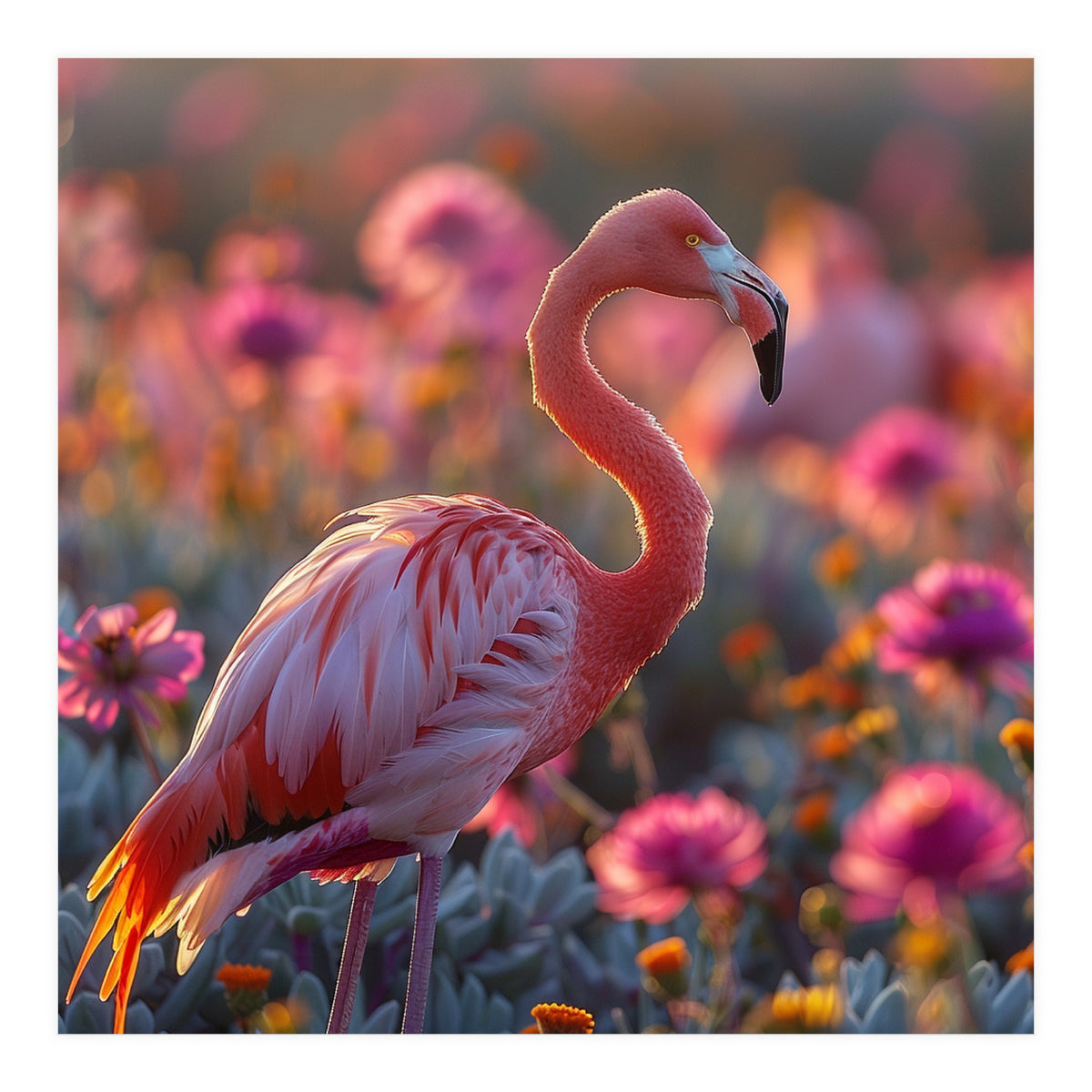 Pink Flamingo Standing In A Field Of Flowers (Print Only)