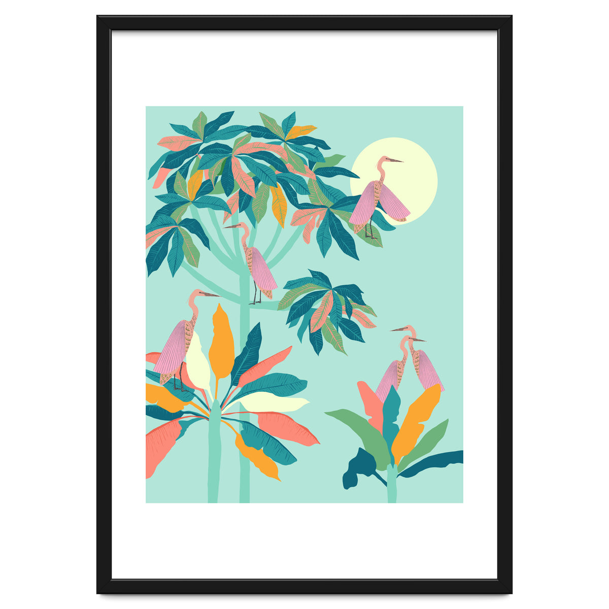 Drawn To The Moon, Stork Heron Flamingo Birds, Tropical Pastel Wildlife Forest Nature, Animals Jungle Bohemian Eclectic Fly