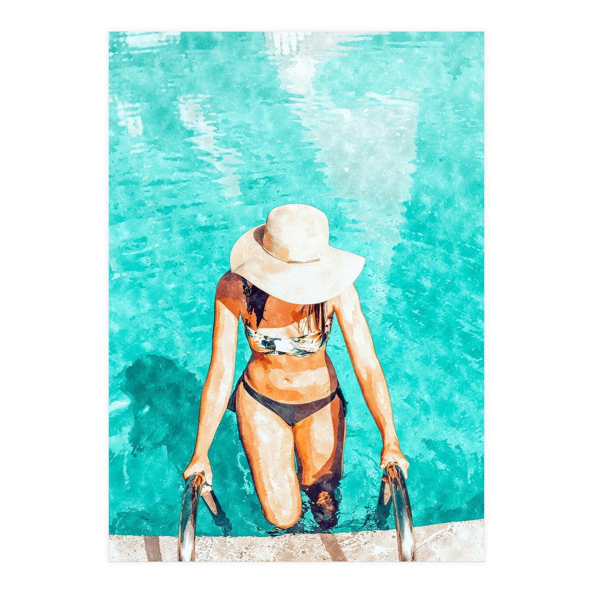 Pool Fashion | Modern Bohemian Woman Swim Watercolor Painting | Contemporary Travel (Print Only)