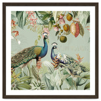 Vintage Exotic Asian Peacocks In Tropical Jungle Landscape