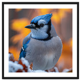 Blue Jay Bird In Winter Snowfall And Leaves thumbnail