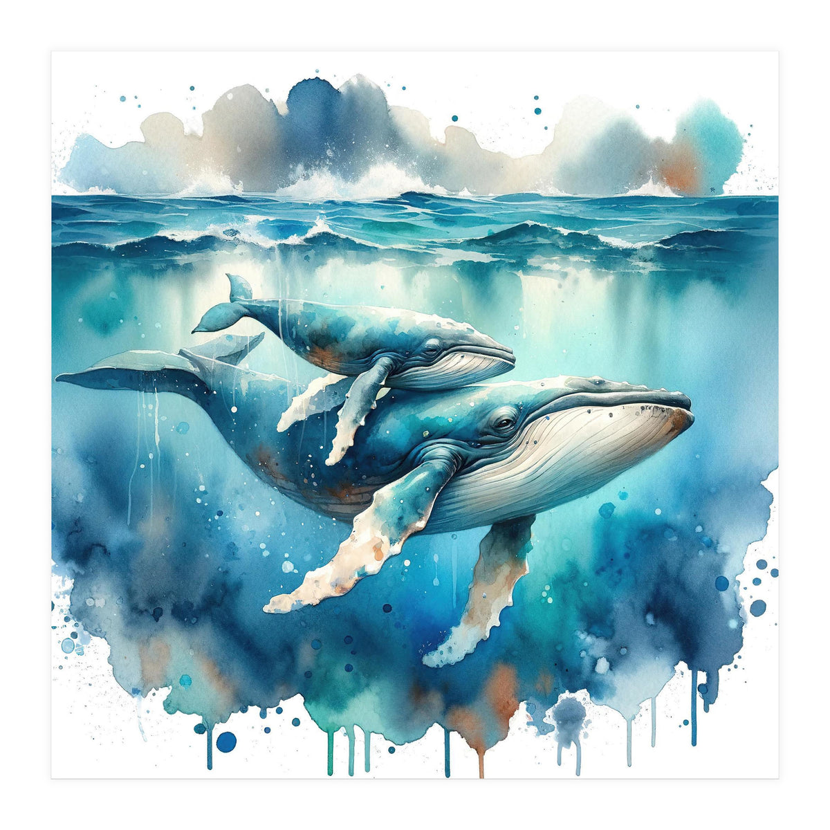 Mother And Calf Whales Watercolor (Print Only)