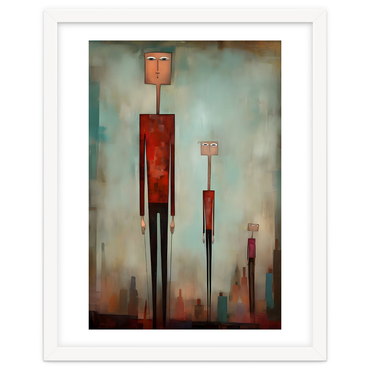 CITY HEIGHTS, three human-like forms of differing heights loom over the city below.