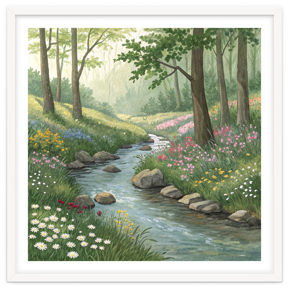 Vibrant Forest Stream Watercolor Painting