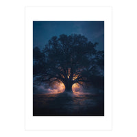 Ancient Mystical Oak Silhouette at Twilight with Ethereal Wisps (Print Only)