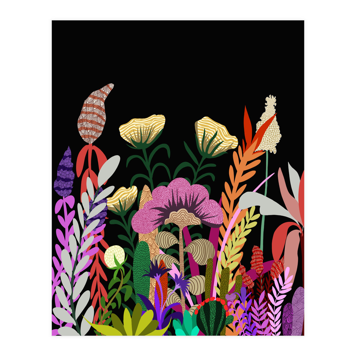 Dark Garden, Eclectic Bold Floral Botanical Nature, Colorful Mystery Bohemian Flowers Plants (Print Only)