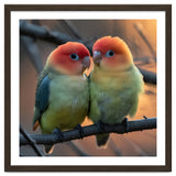 Two Lovebirds Perched On A Branch At Sunset thumbnail
