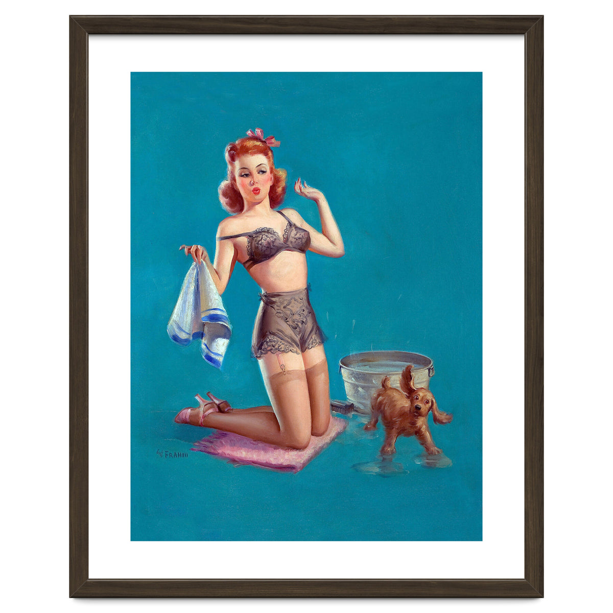 Pinup Girl Bathing A Dog