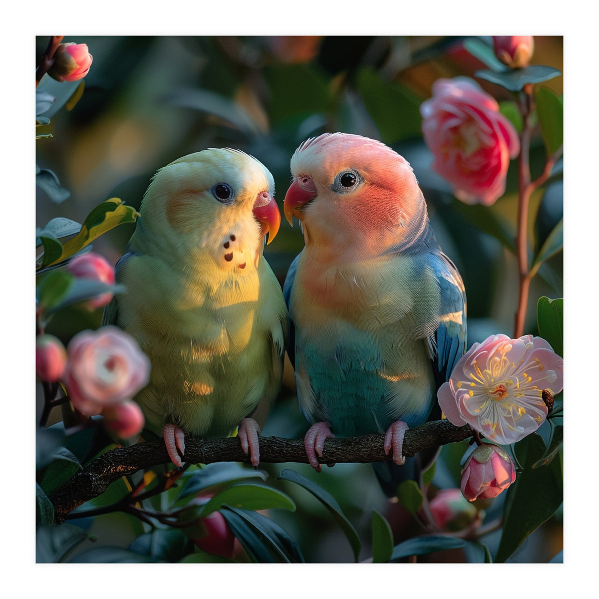 Two Lovebirds Perched On A Branch Near Flowers (Print Only)