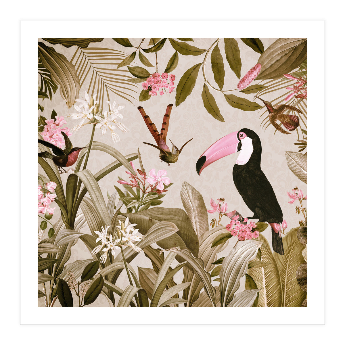 Vintage Exotic Birds Sepia Rainforest Flower Jungle (Print Only)