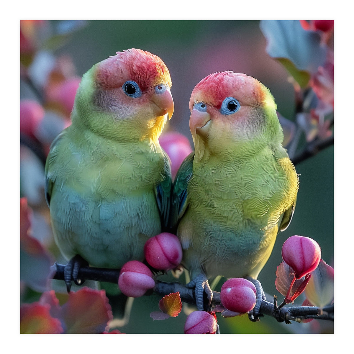 Two Lovebirds On A Branch Surrounded By Berries (Print Only)